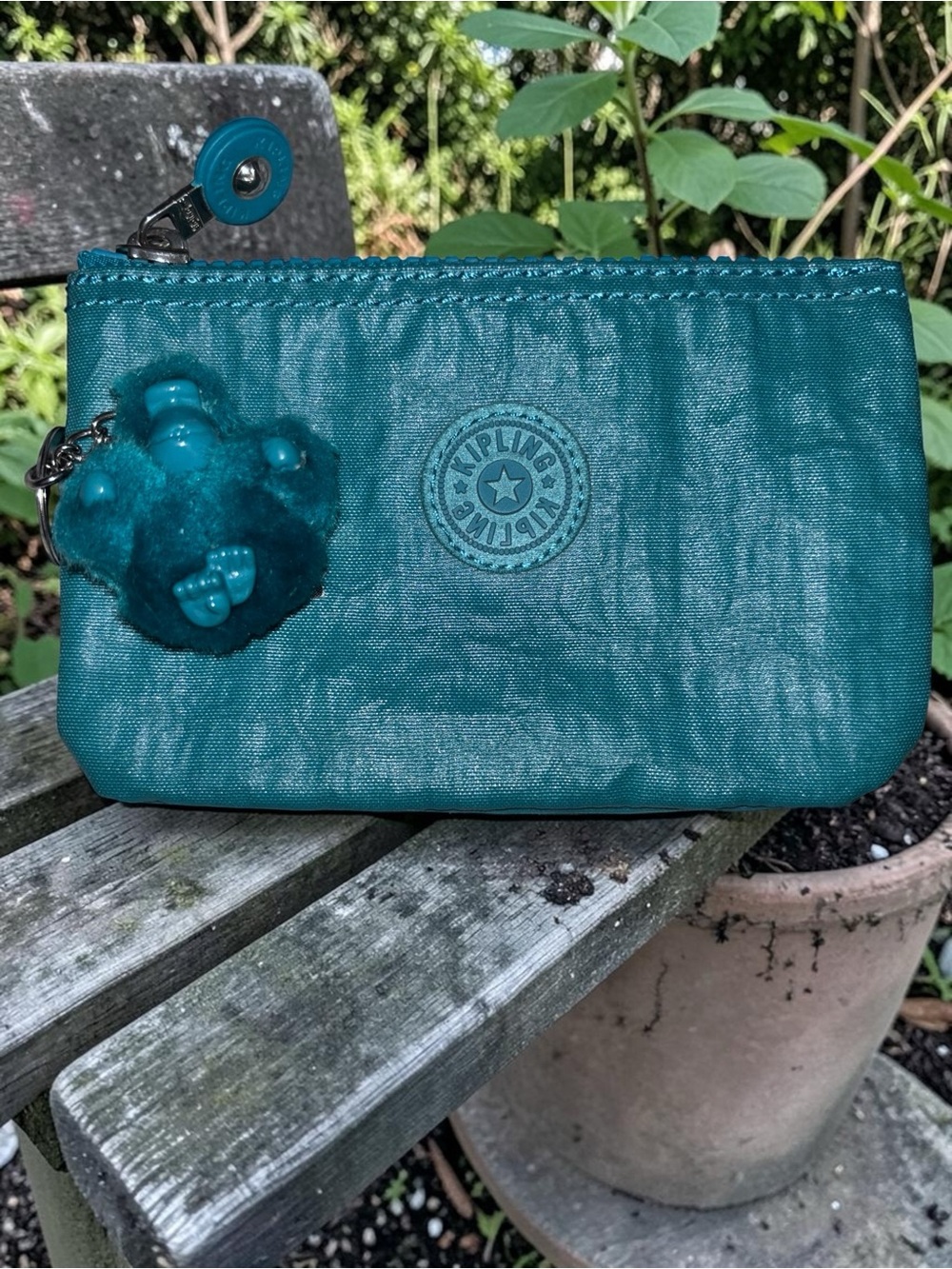 Kipling Turquoise Triple Zip Wallet Coin Pouch Monkey Charm Organizer
